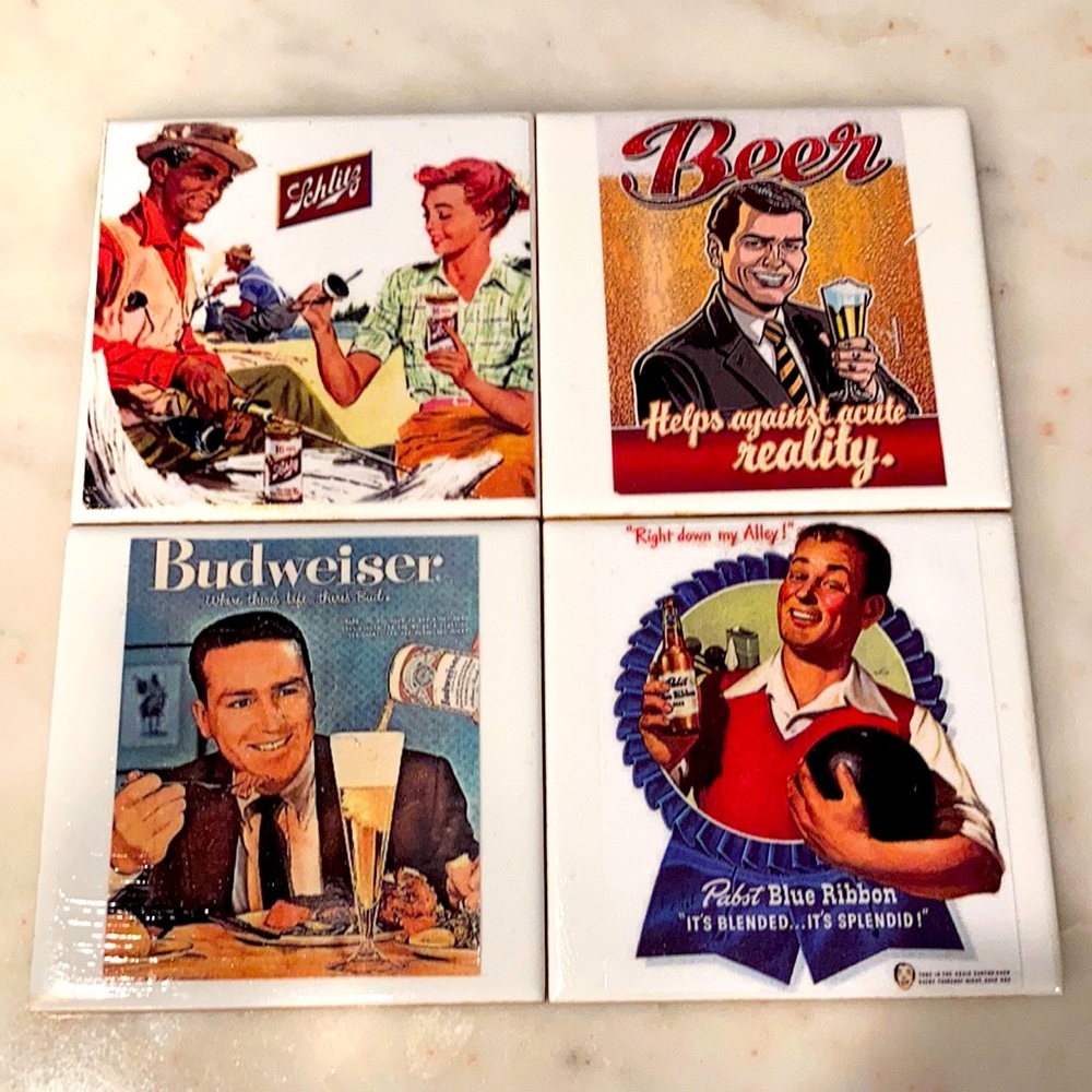 Cheers to Nostalgia: Handmade Ceramic Coasters - 4 Vintage Beer Advertisements